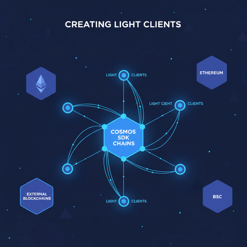 cosmos sdk chains creating light clients, glowing blue nodes connecting, futuristic blockchain diagram