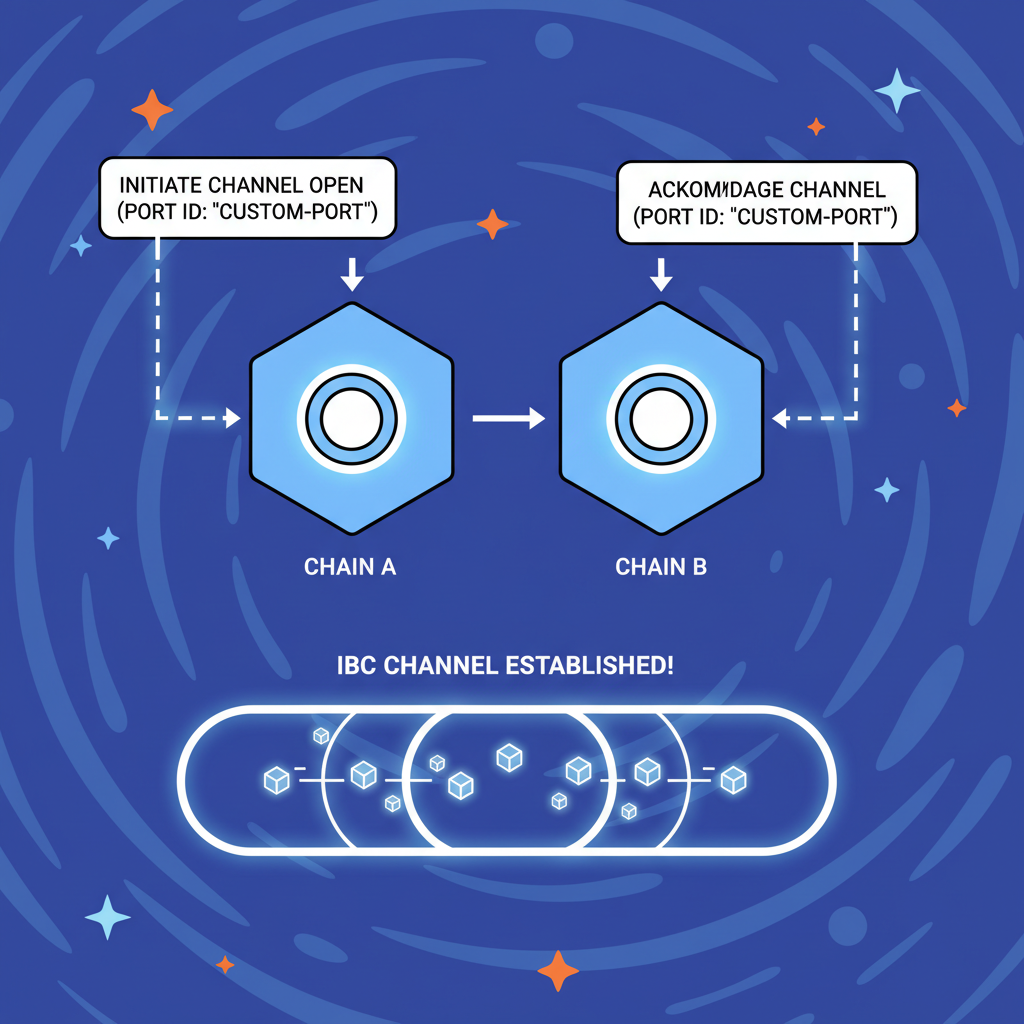 opening IBC channel with custom port id, portals connecting blockchains, vibrant cosmos nebula background