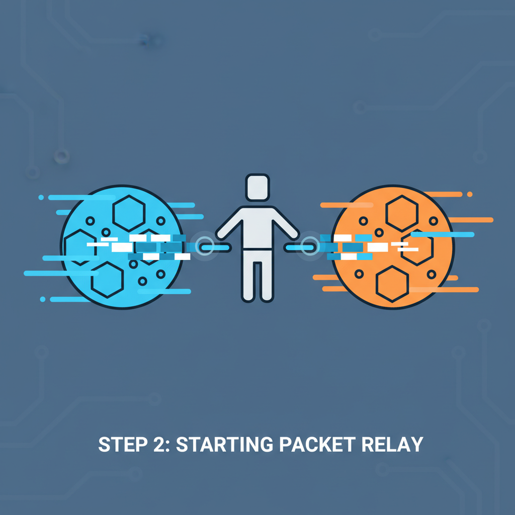 relayer starting packet relay, data packets streaming between glowing blockchain orbs, dynamic motion blur