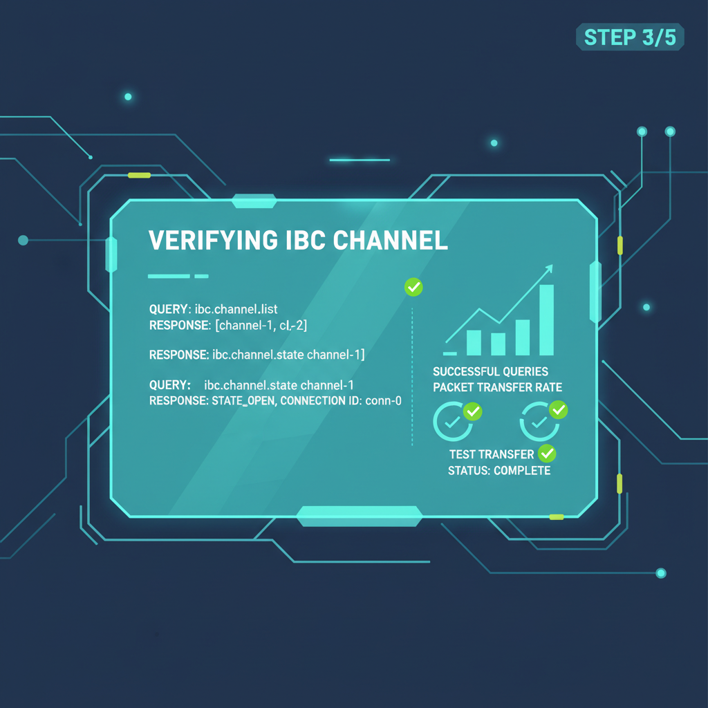 verifying IBC channel with query commands, success graphs and test transfers on holographic screen, sci-fi interface