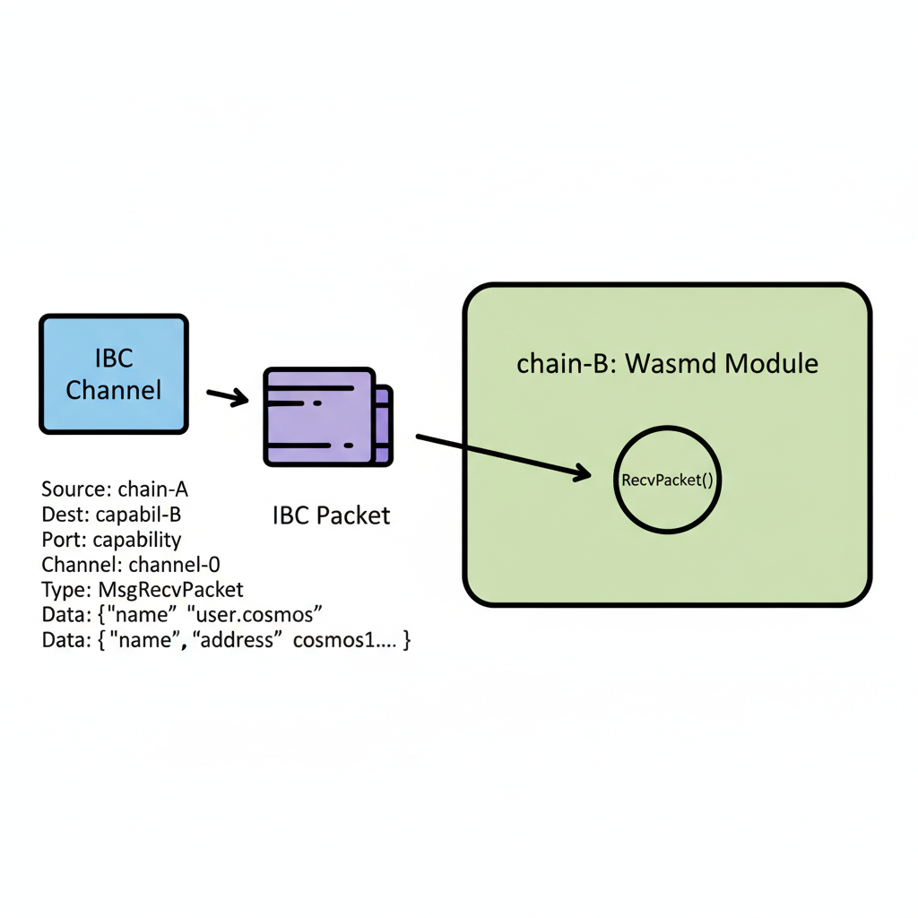 Cosmos keeper methods code for IBC name service recv packet, data flow visualization