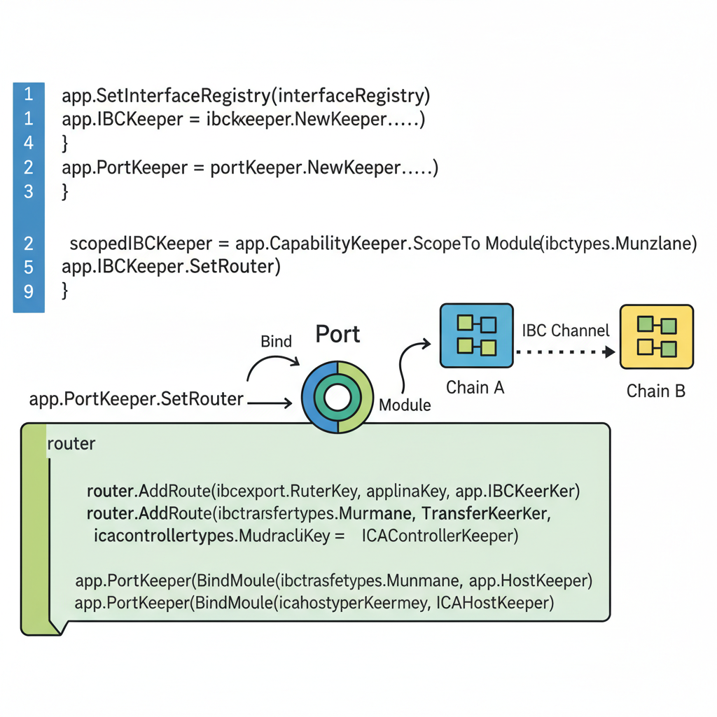Cosmos SDK app.go code binding IBC module to port, blockchain network diagram overlay