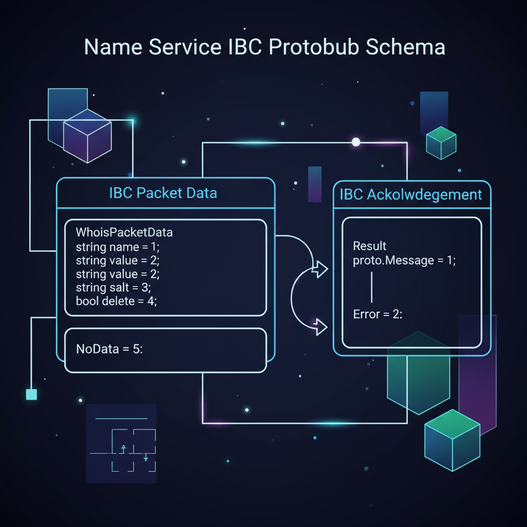 Protobuf structs for IBC packet data and acknowledgement in name service, schema diagram futuristic style