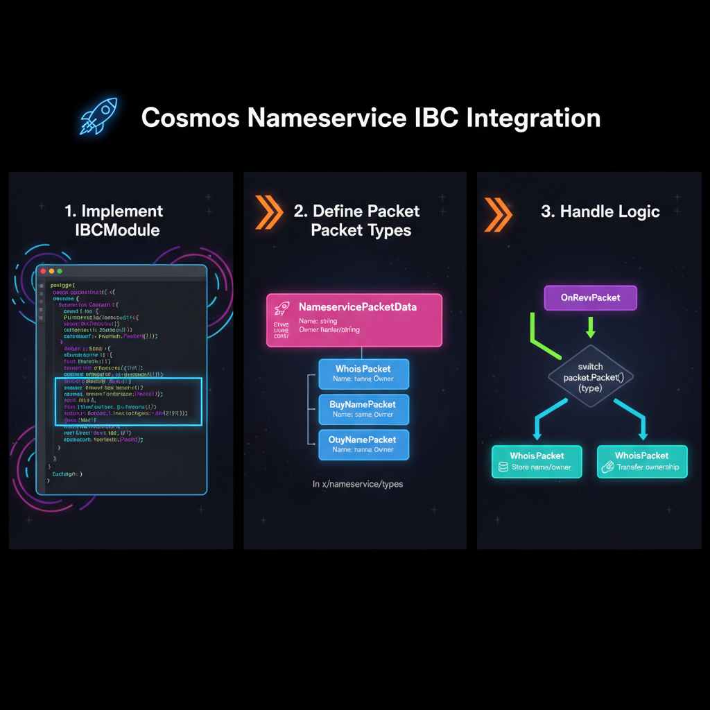 Go code snippet implementing IBCModule interface for Cosmos name service, dark theme code editor, neon cosmos accents