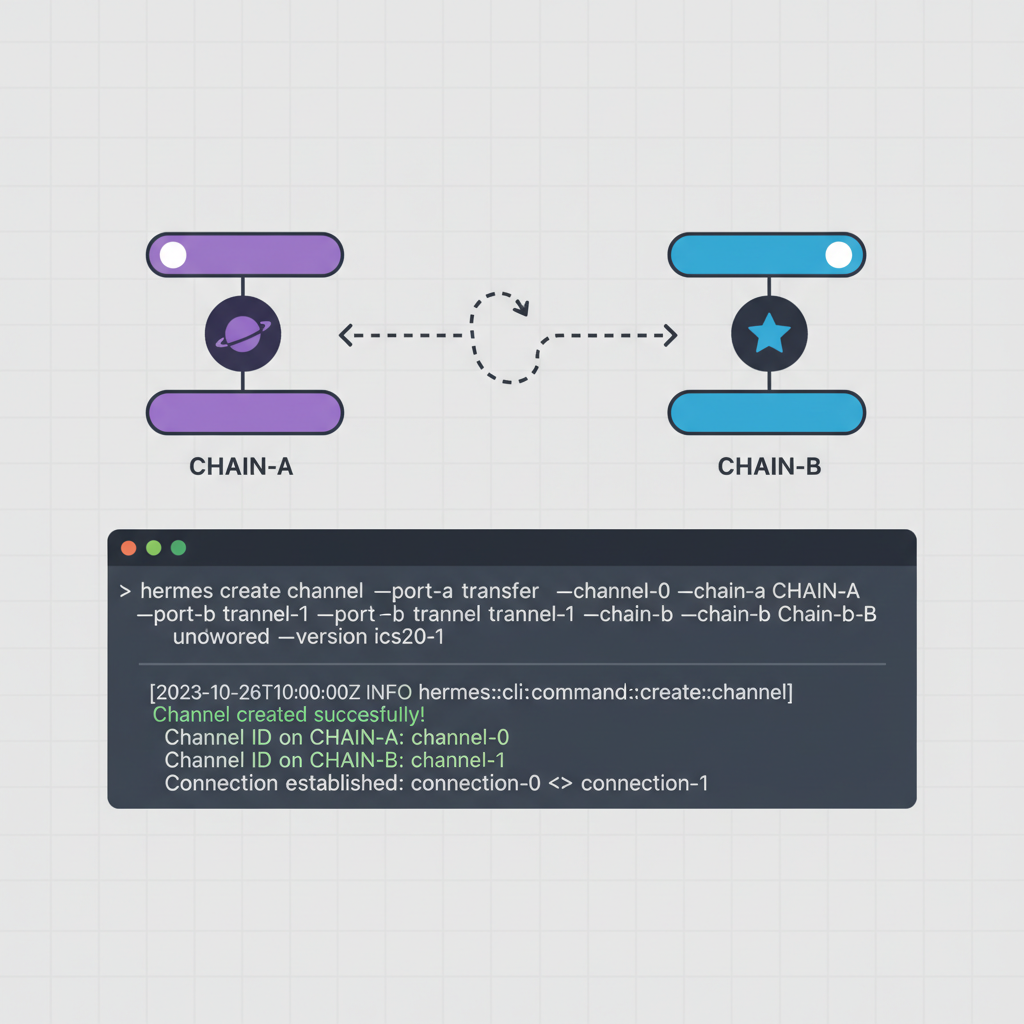 Terminal running Cosmos relayer opening IBC channel, success logs, dual chain visualization