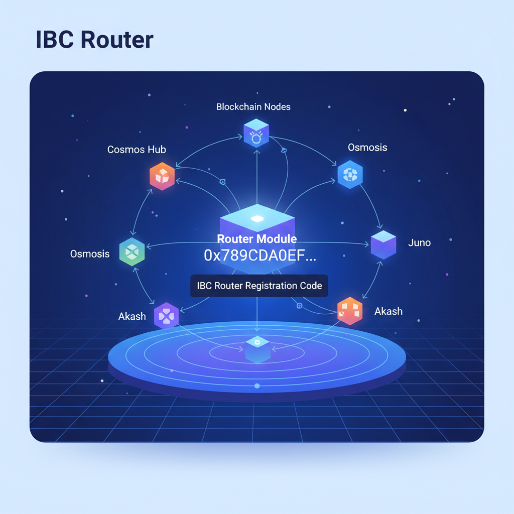 IBC router registration code in Cosmos SDK, interconnected blockchain nodes glowing
