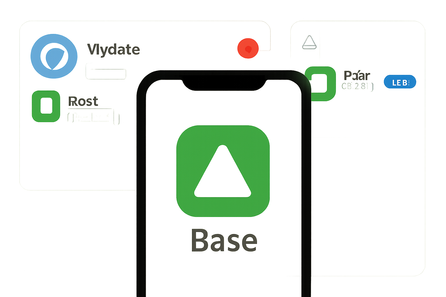 A smartphone displaying the Base App logo, with an update notification and app store interface in the background