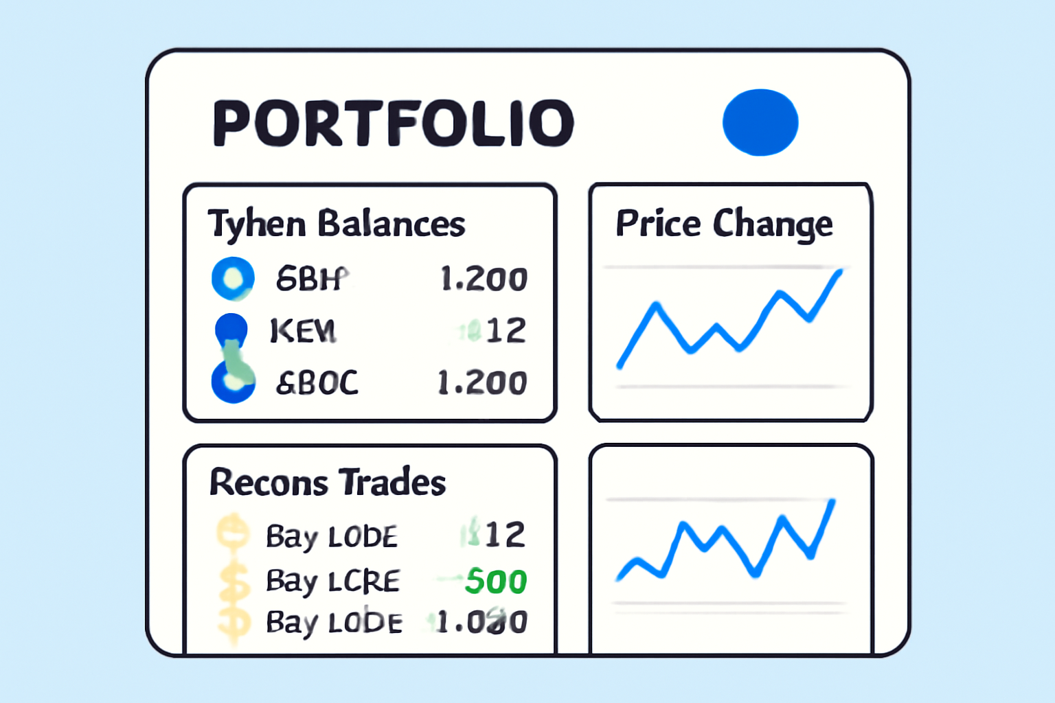 A portfolio dashboard displaying token balances, recent trades, and price change charts for BASE