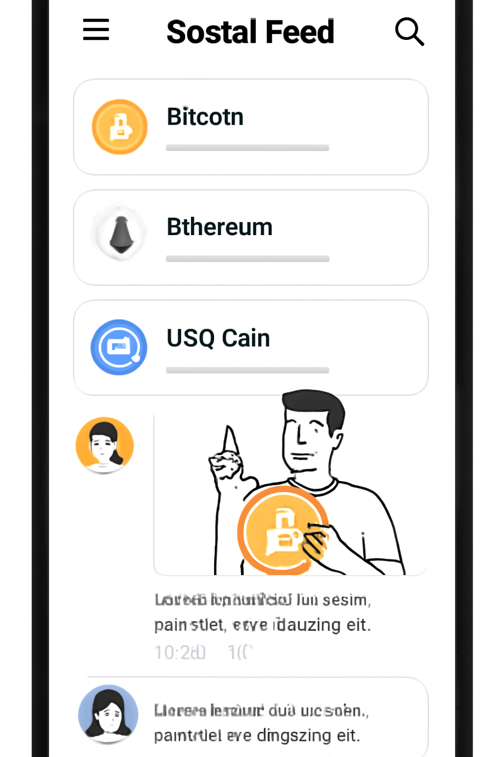 A mobile screen showing a social feed with crypto tokens and user posts, featuring a clean, modern interface