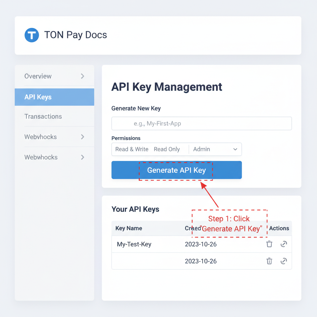 screenshot of TON Pay docs dashboard showing API key generation UI