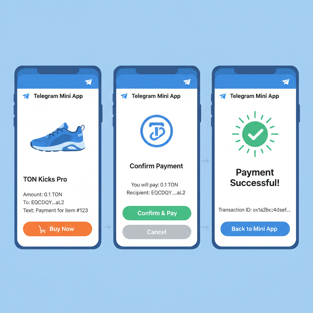 code snippet of TONPay initialization and openPayment call with Telegram Mini App UI mockup