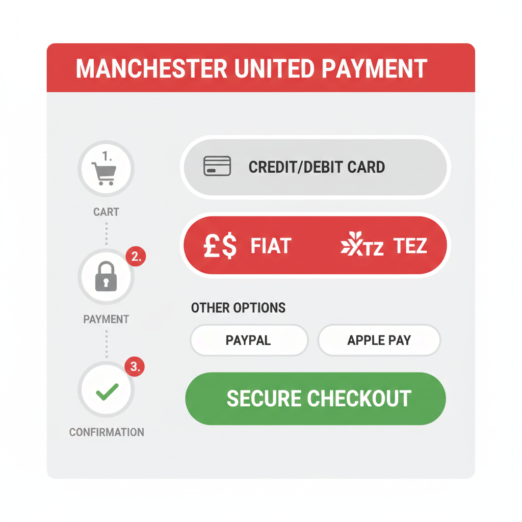 payment options screen for Manchester United cards, fiat and TEZ buttons highlighted, secure checkout interface