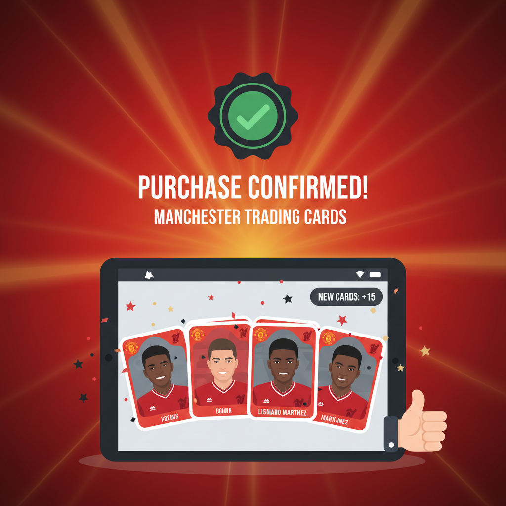 successful purchase confirmation for Manchester United trading cards, digital wallet showing new cards, celebratory red tones
