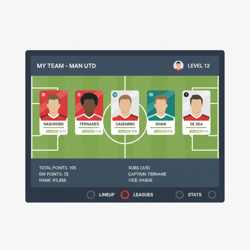 Fantasy United app interface with Manchester United player cards in fantasy lineup, football pitch background, stats overlay