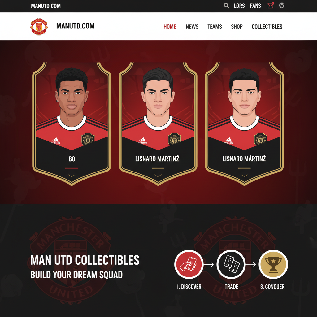 official Manchester United website homepage with player trading cards featured prominently, modern web design, red devil theme