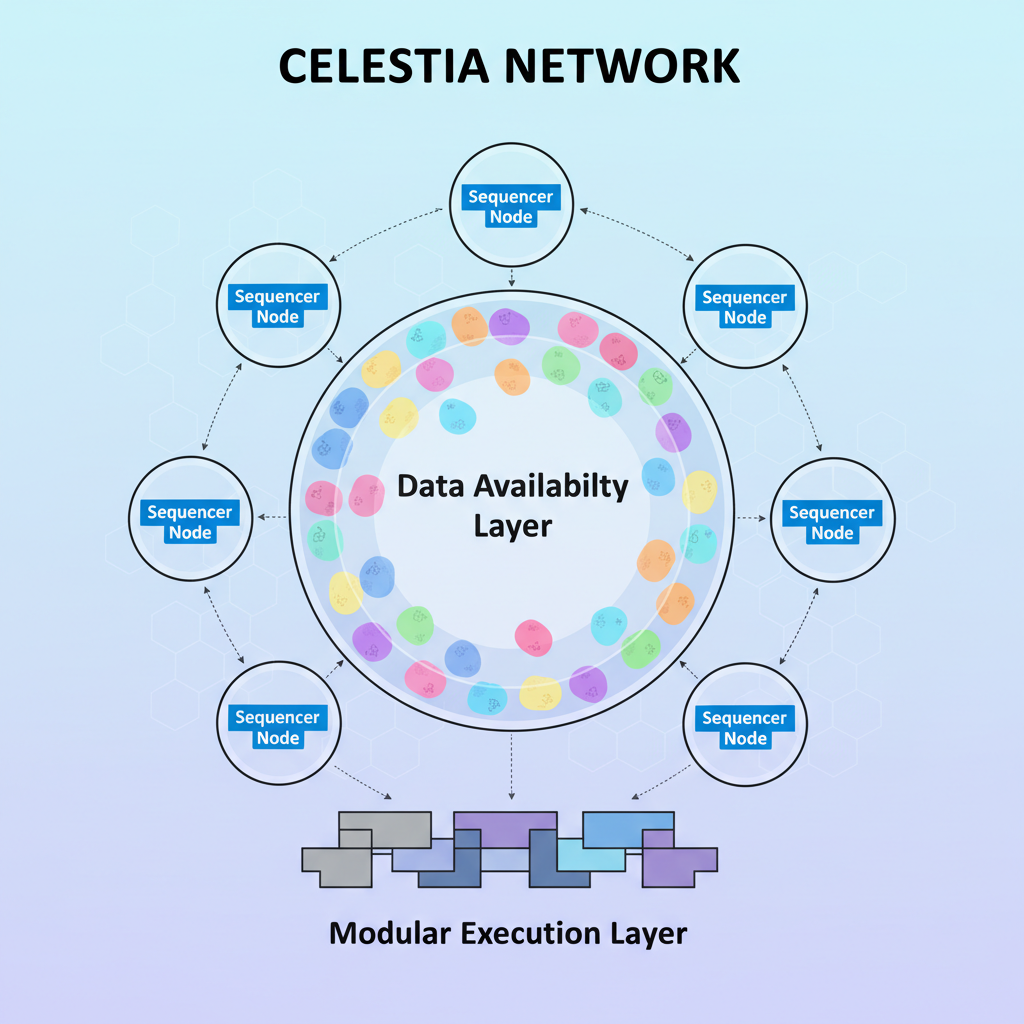 Celestia network with colorful blob data blocks and decentralized sequencer nodes, modular blockchain aesthetic