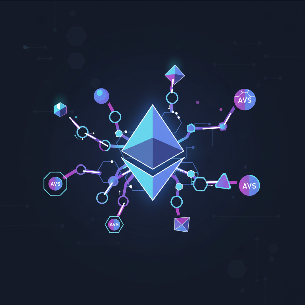 Ethereum logo with glowing restaking chains connecting to AVS nodes, futuristic blockchain style