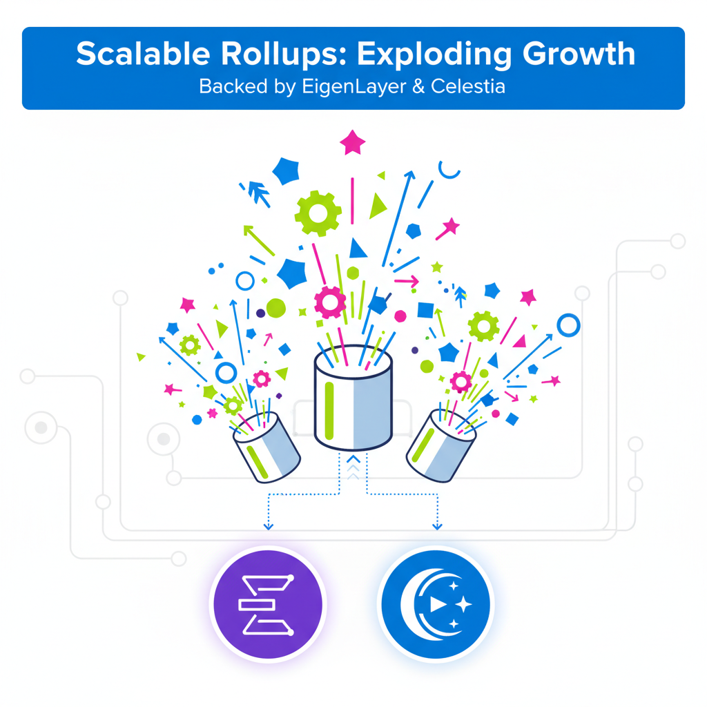 Scalable rollups exploding with growth, backed by EigenLayer and Celestia icons, vibrant tech illustration