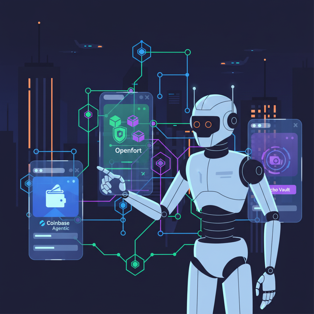 Futuristic AI agent selecting holographic wallet interfaces like Coinbase Agentic and Openfort, neon blockchain networks, cyberpunk style