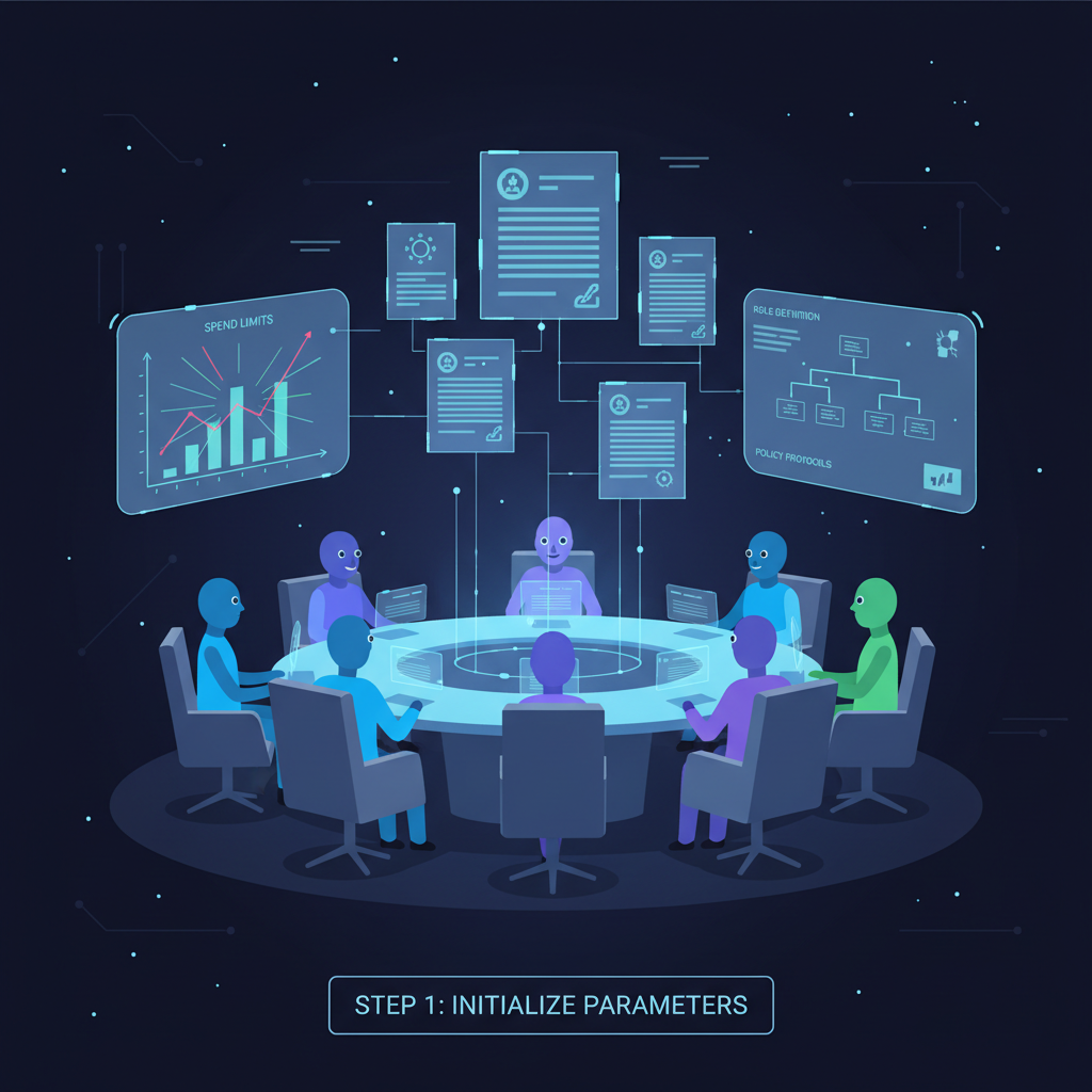 AI agents in a digital boardroom defining roles and policies, glowing policy documents, spend limit graphs, sci-fi visionary art
