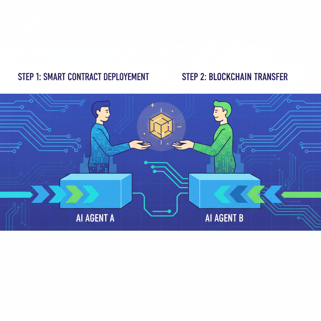 Deploying glowing smart contracts between AI agents, blockchain peer transfers visualized as energy beams, futuristic cyber grid