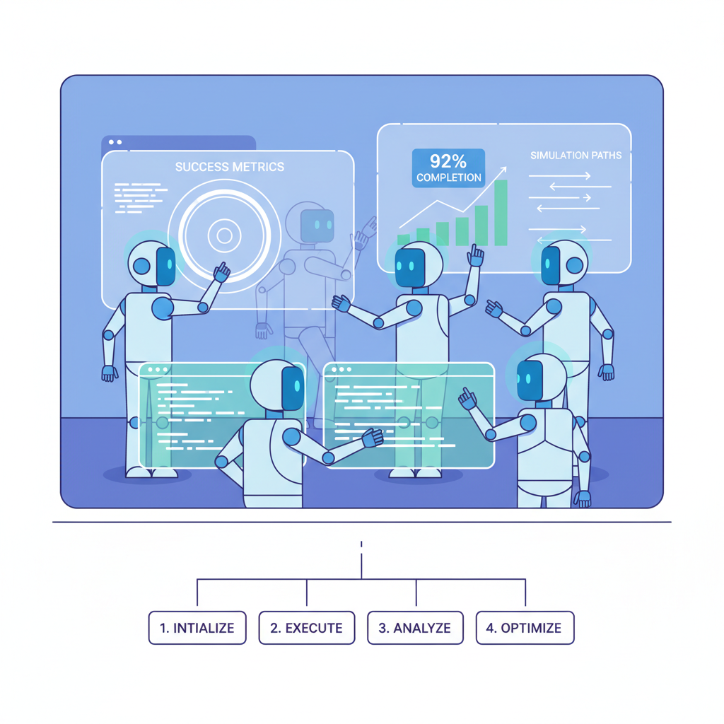 AI agents running simulations in a virtual testing lab, charts and data streams, holographic success metrics, high-tech simulation scene