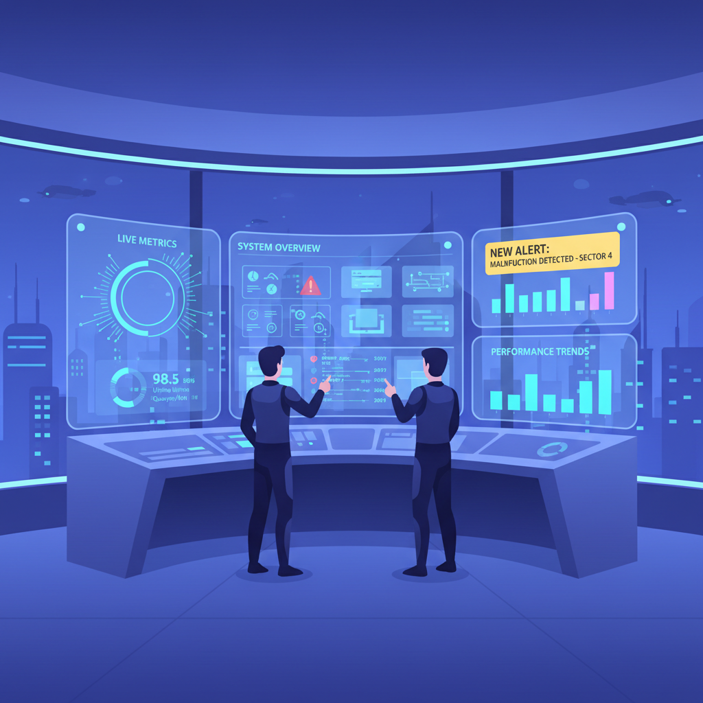 Launching AI agent dashboard with live metrics, monitoring screens, glowing charts and alerts, dashboard in futuristic control room
