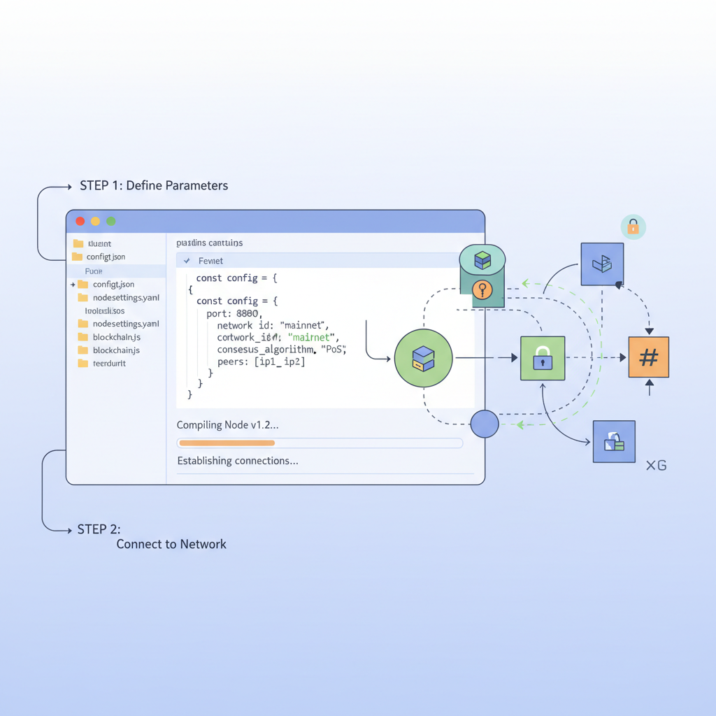 configuring blockchain node settings in code editor, graphs and nodes connecting