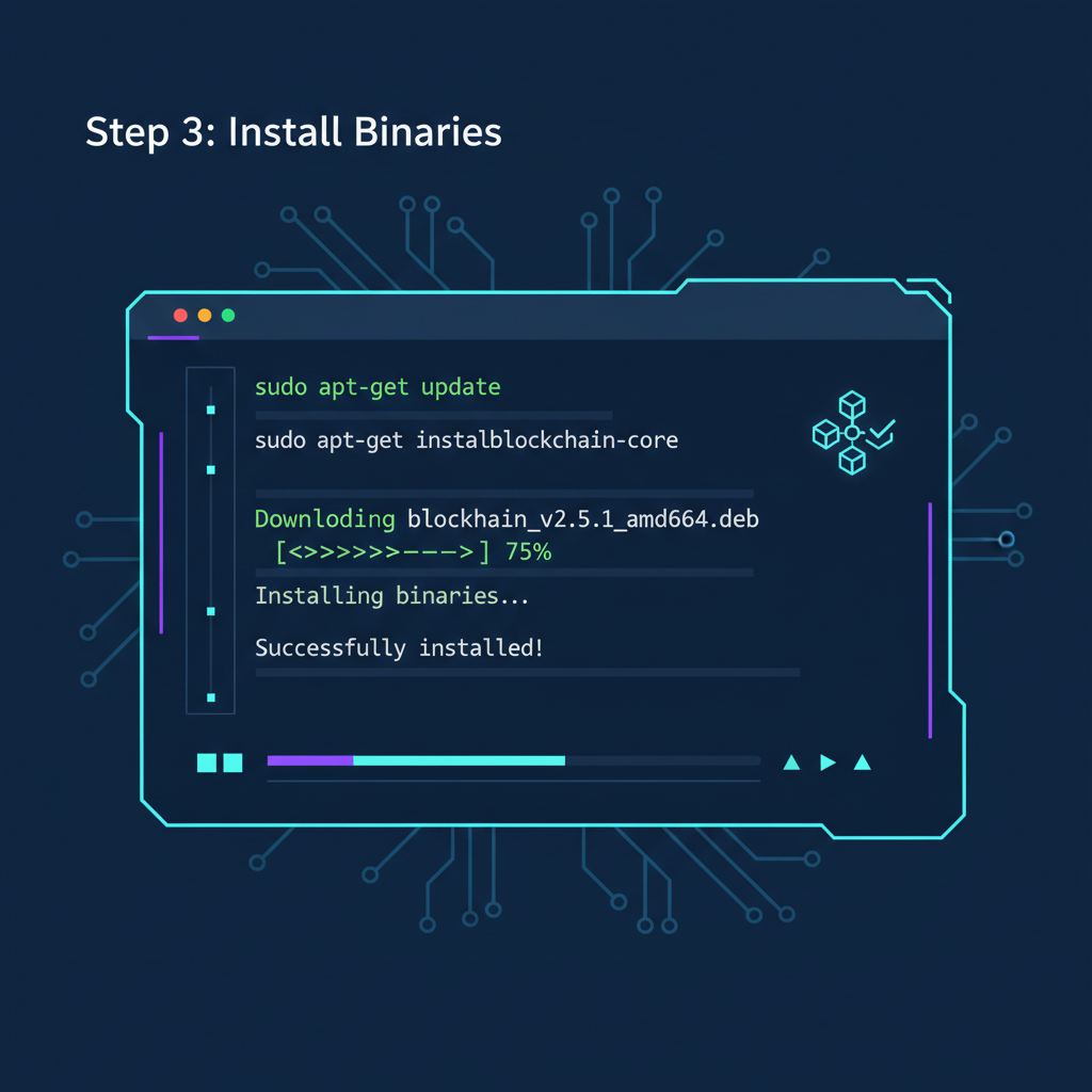 command line terminal installing blockchain binaries, code scrolling, futuristic UI