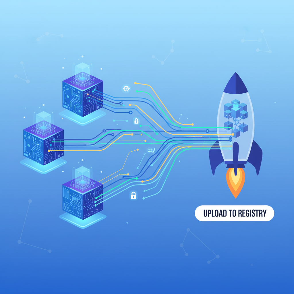 uploading glowing model artifacts to blockchain registry, data streams flying, rocket launch aesthetic