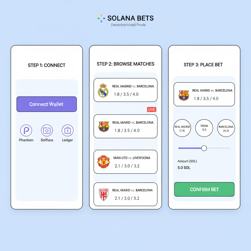 Soccer betting pools interface on decentralized Solana app, match listings, web3 design