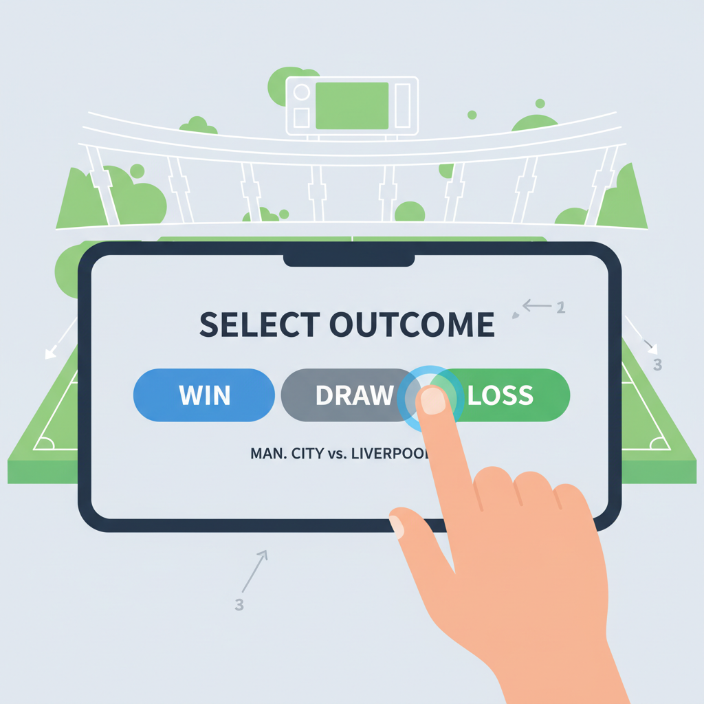 User selecting bet outcome on soccer pool screen, buttons for win/draw/loss, modern UI