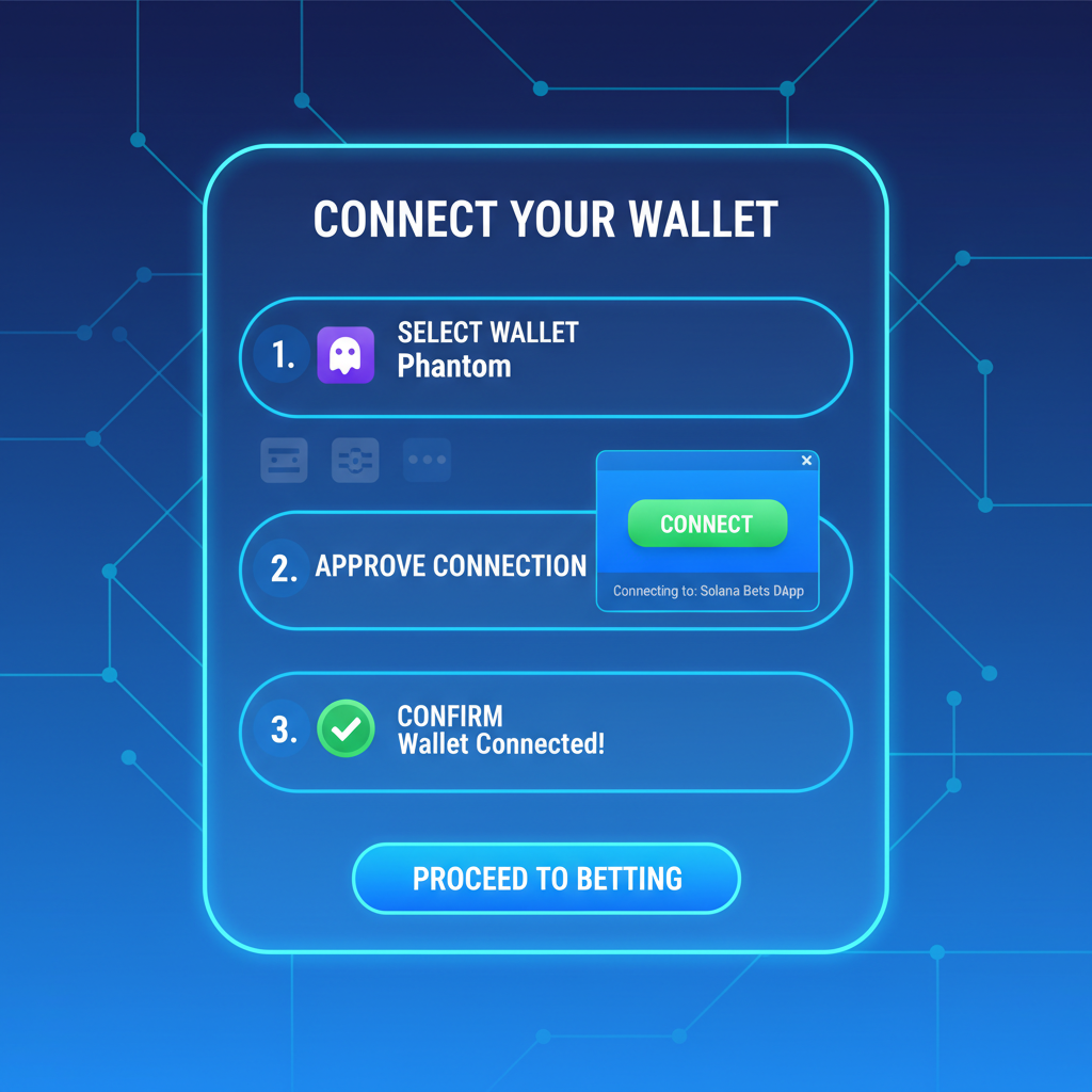 Clean UI of connecting Phantom wallet to Solana betting site, futuristic blockchain theme, vibrant blues
