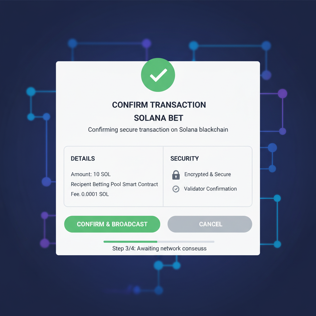 Confirming Solana transaction for bet in wallet popup, secure blockchain confirmation screen