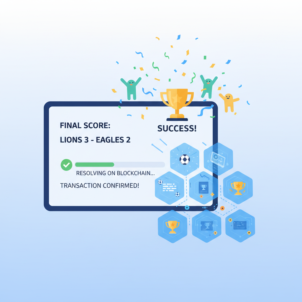 Soccer match result resolving on blockchain dashboard, celebration animation, transparent ledger
