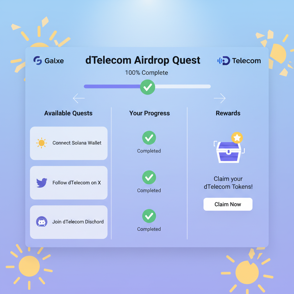 Galxe quest dashboard for dTelecom airdrop, completed tasks checkmarks, Solana-themed graphics, clean UI