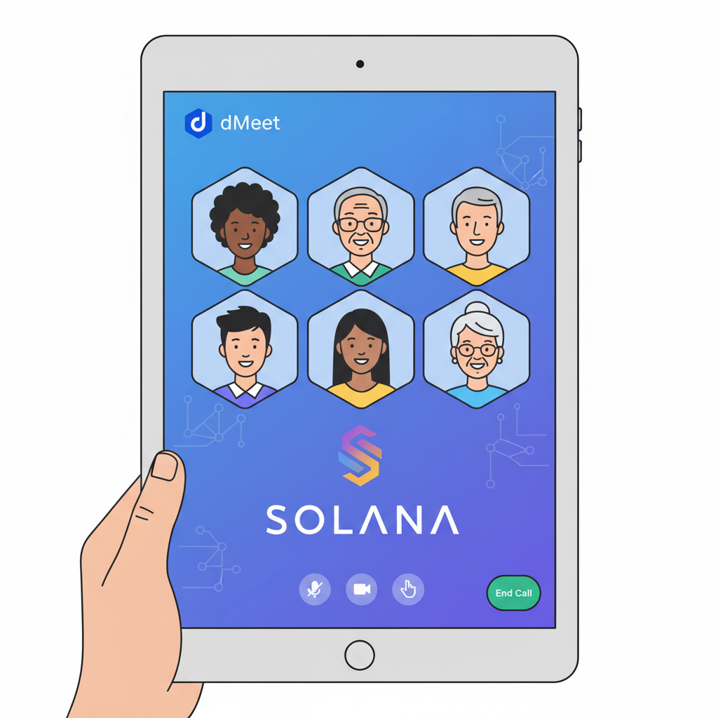 Diverse users in high-quality video call on dMeet app, virtual meeting room with Solana branding, modern tech interface