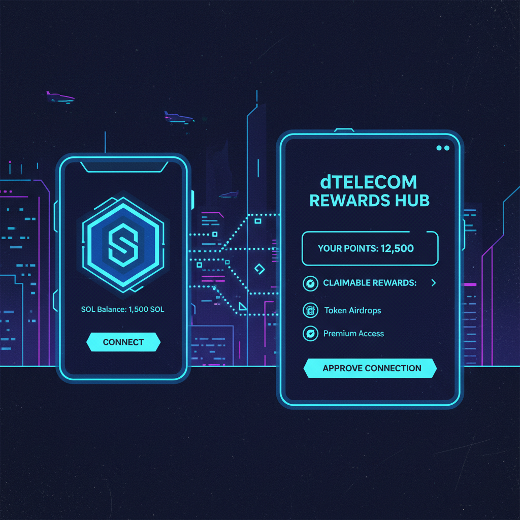 Futuristic Solana wallet connecting to dTelecom Rewards Hub dashboard, glowing blue UI, cyberpunk neon style