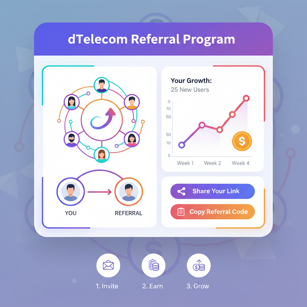 Referral sharing interface in dTelecom dashboard, user icons connecting, growth chart, vibrant Solana colors