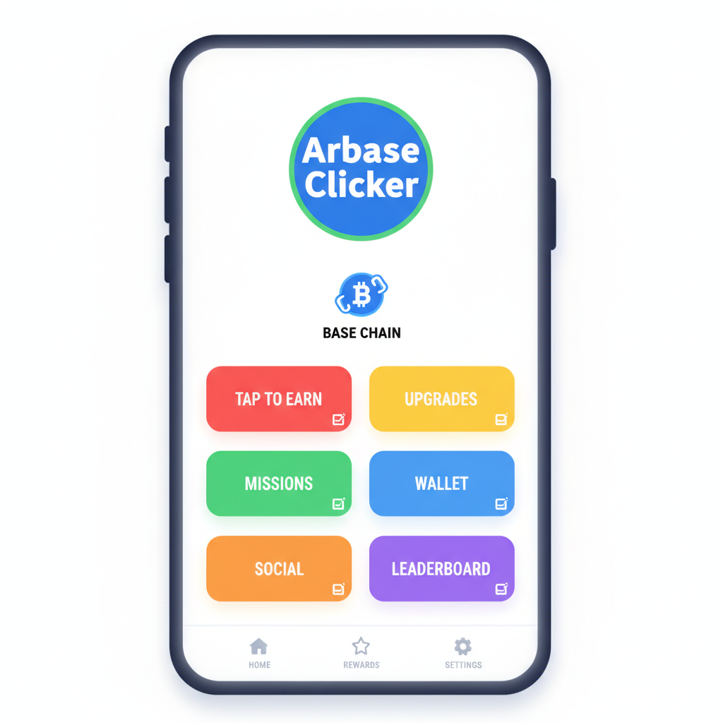 mobile screen showing arbase clicker mini-app homepage, colorful buttons and base chain logo, engaging web3 interface