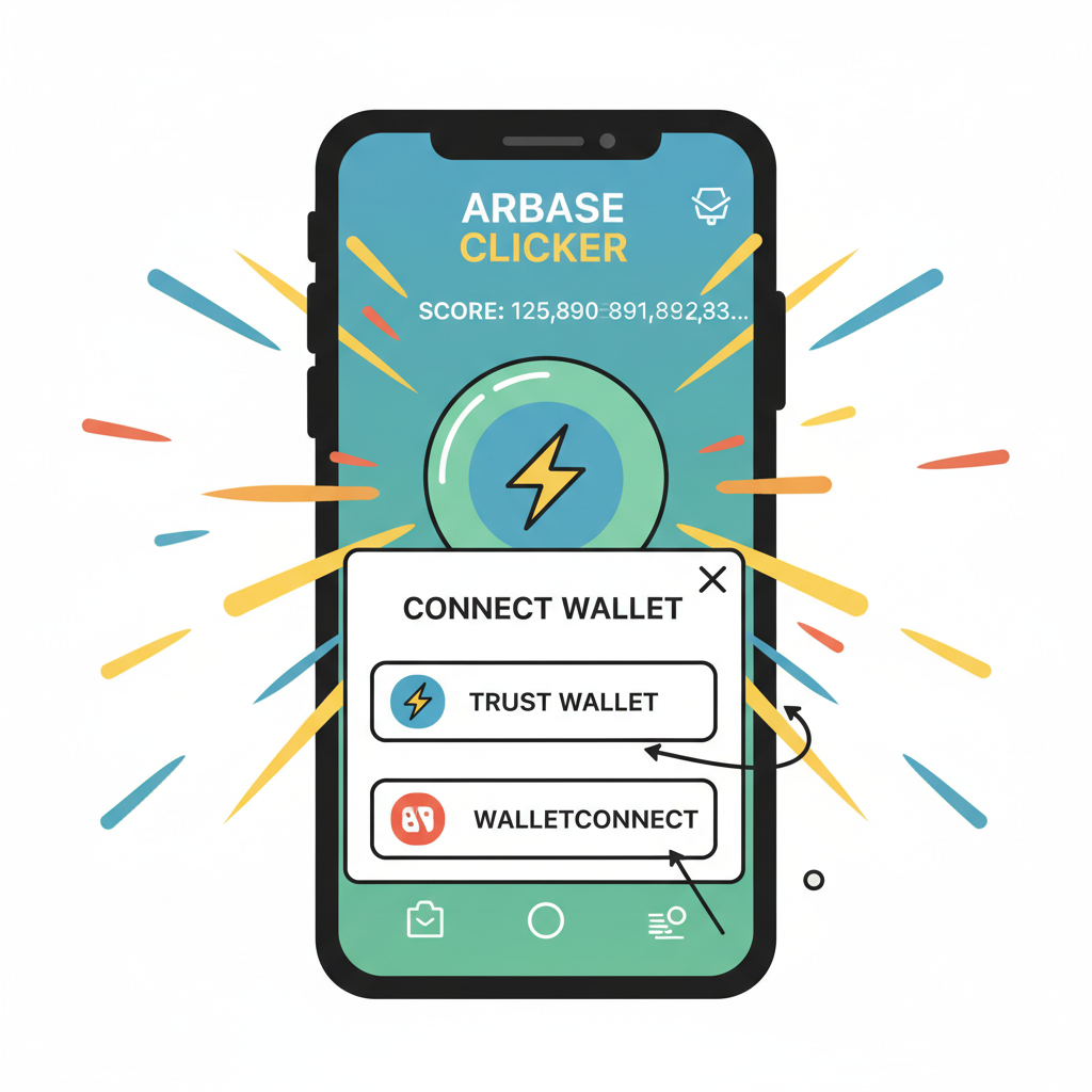 wallet connection popup on arbase clicker app, points counter ticking up, dynamic energy bursts
