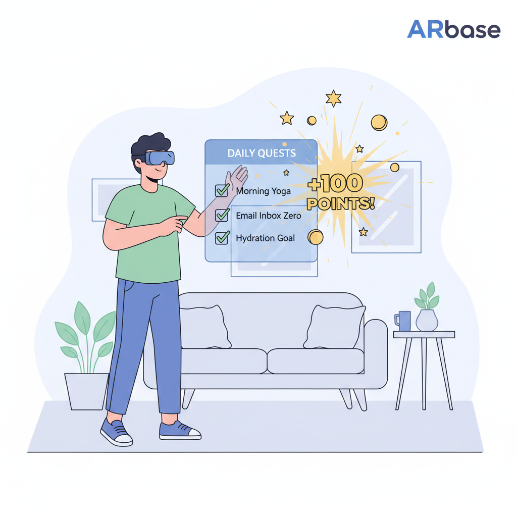 user completing daily tasks in arbase app, checklist with checkmarks, reward points exploding