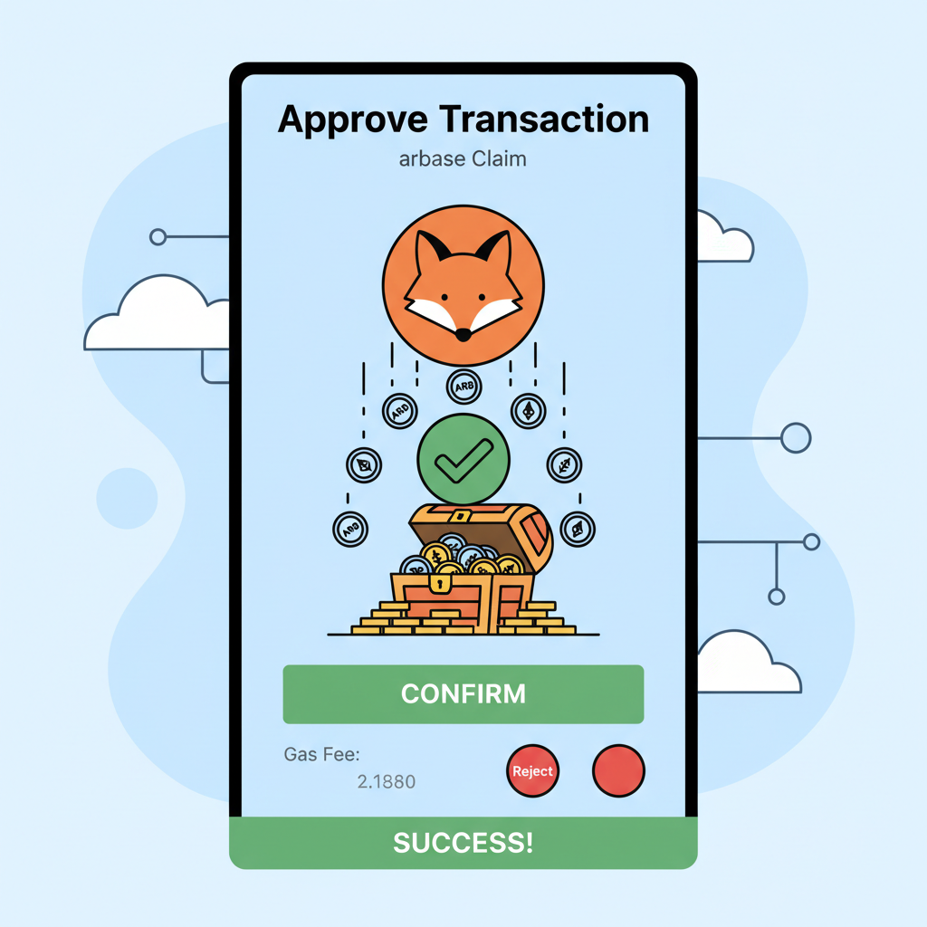 metamask approve transaction screen for arbase claim, tokens raining down, success confirmation
