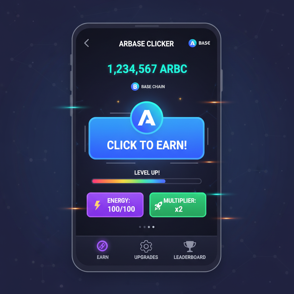sleek mobile app screen of Arbase Clicker mini-app on Base chain, colorful clicker game UI, futuristic crypto design