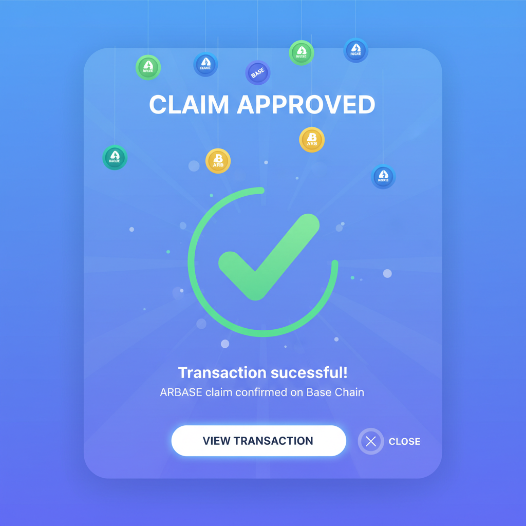 transaction approval screen for ARBASE claim on Base chain, success animation with tokens dropping, triumphant vibe