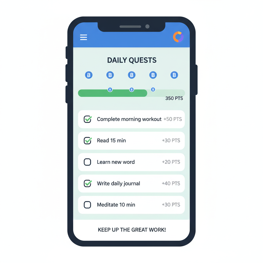 checklist of daily tasks in Arbase app, points accumulating, motivational progress bar, Base chain icons