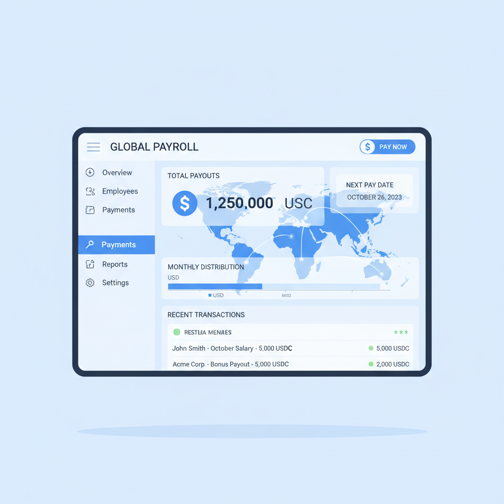 sleek modern payroll dashboard interface showing USDC integration global map remote teams