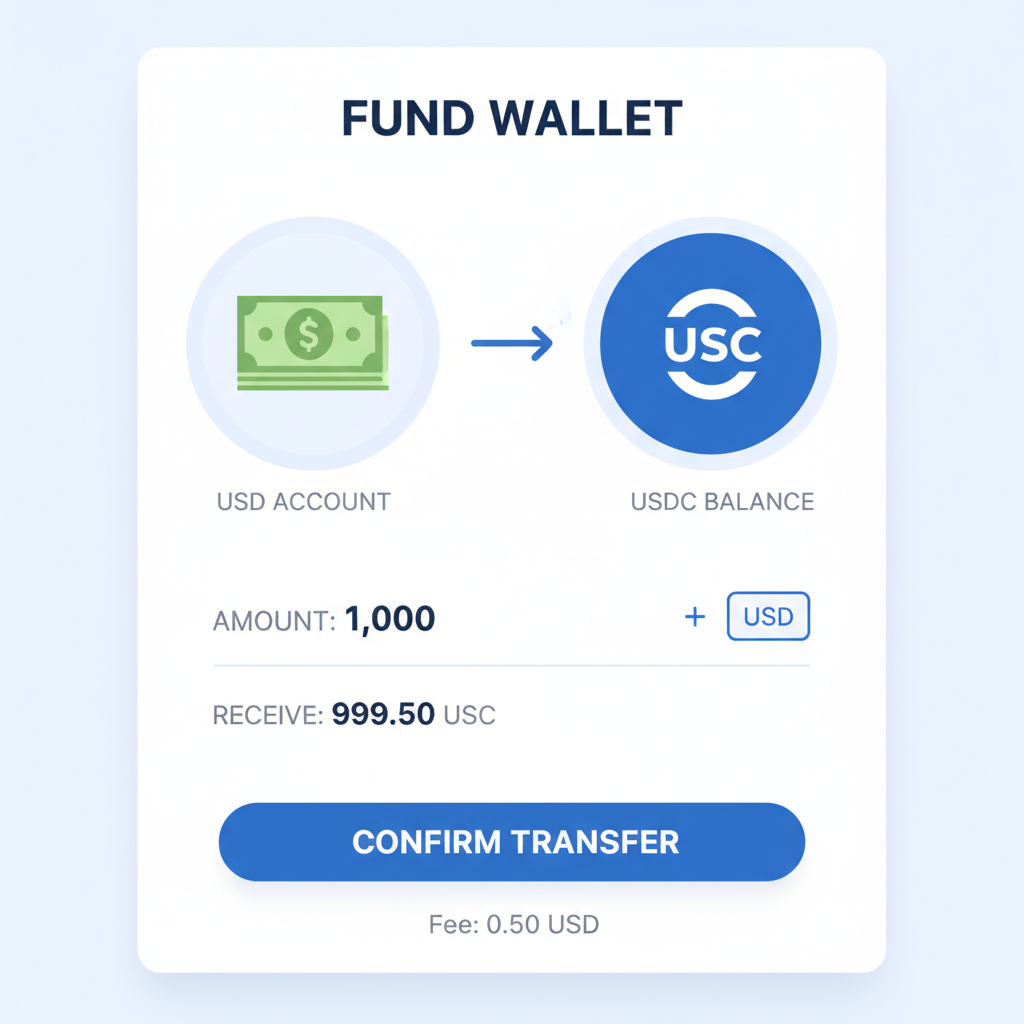 digital wallet funding screen fiat to USDC transfer icons stablecoin balance