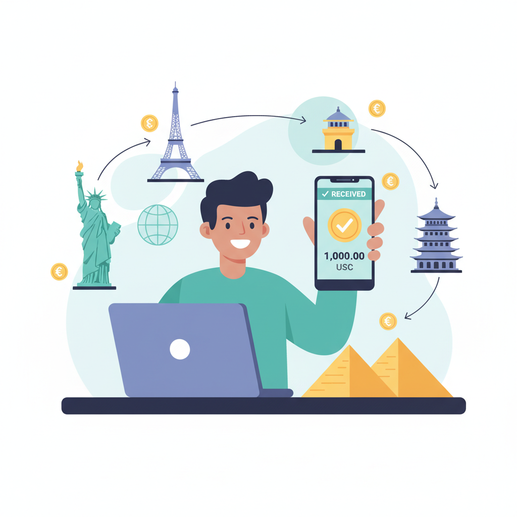 happy remote worker phone receiving instant USDC payout global locations