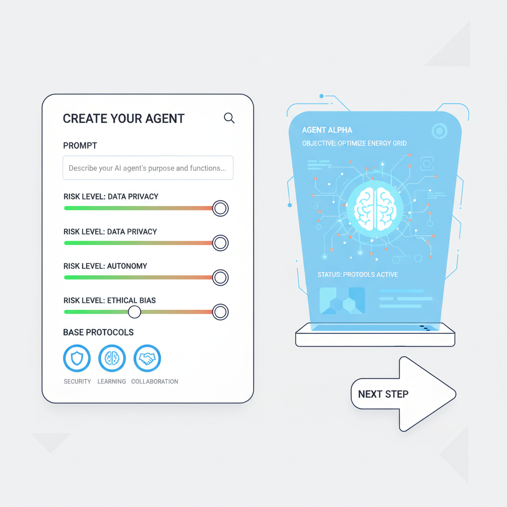 AI agent creation interface with prompt input, risk sliders, Base protocols icons, energetic holographic display